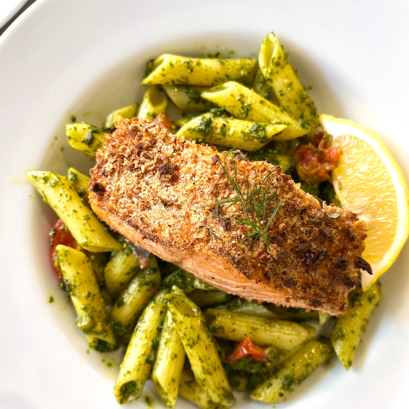 Oven-Baked Salmon Pesto Pasta Bowl