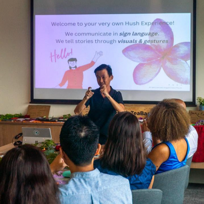 Person presenting to an audience with a screen displaying a sign language video.